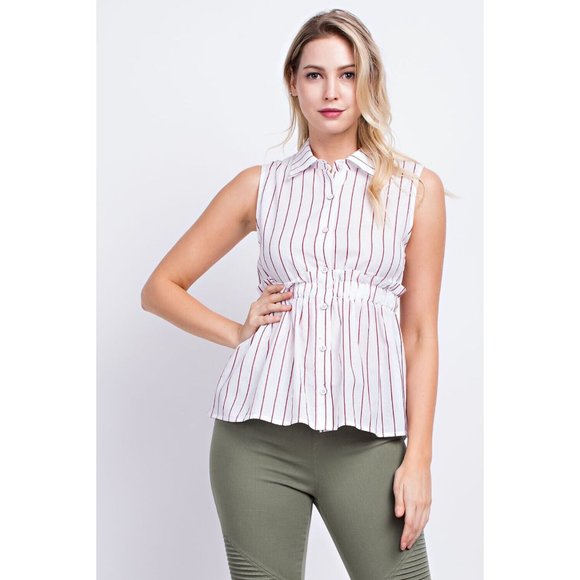 Sleeveless Button Front Collared Casual Striped Peplum Blouse Top - Picture 2 of 10